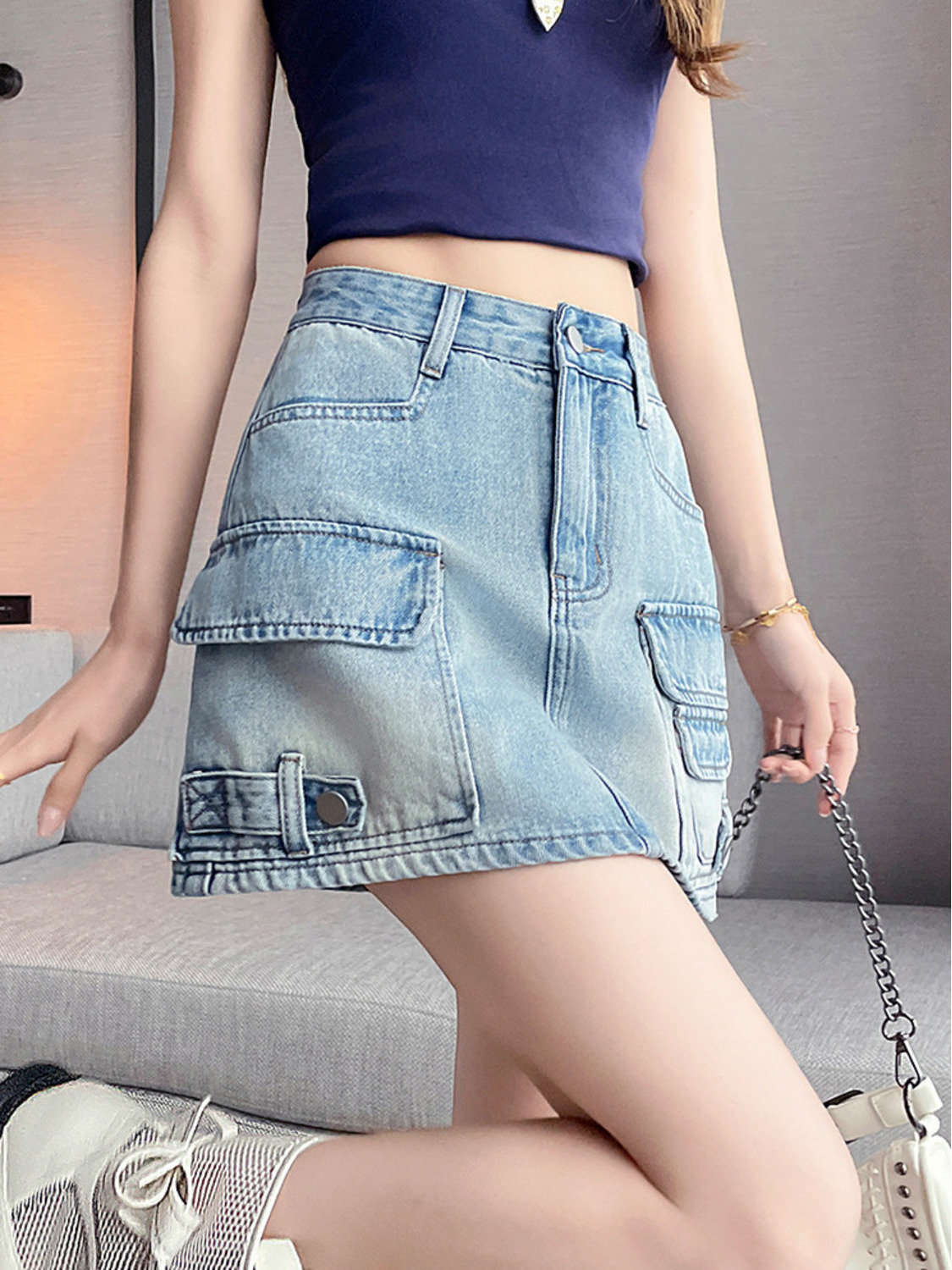 Fly Line - Saia Jeans Mini Cargo Feminina de